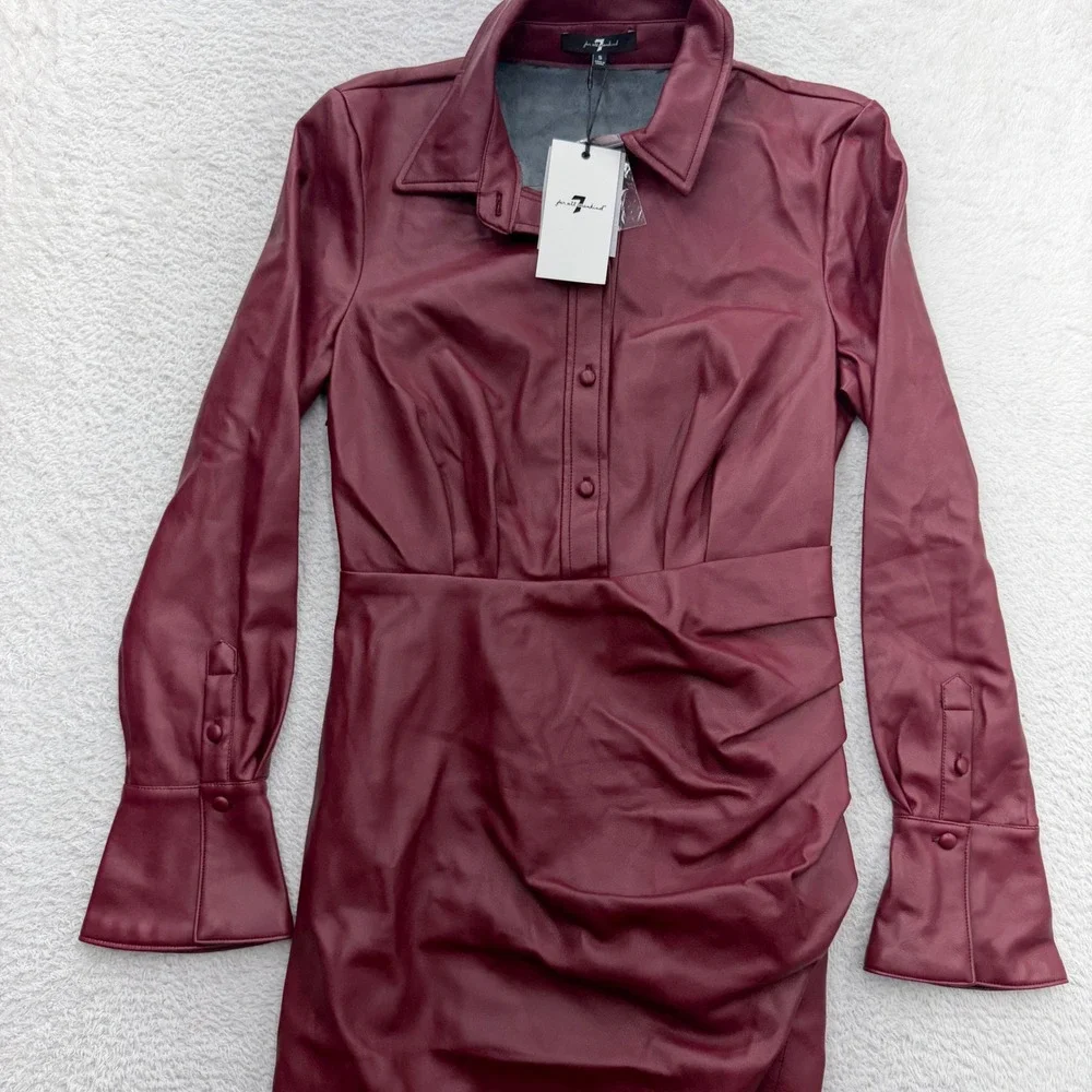 7 For All Mankind Womens Faux Vegan Leather Ruched Midi Dress Burgundy Size S